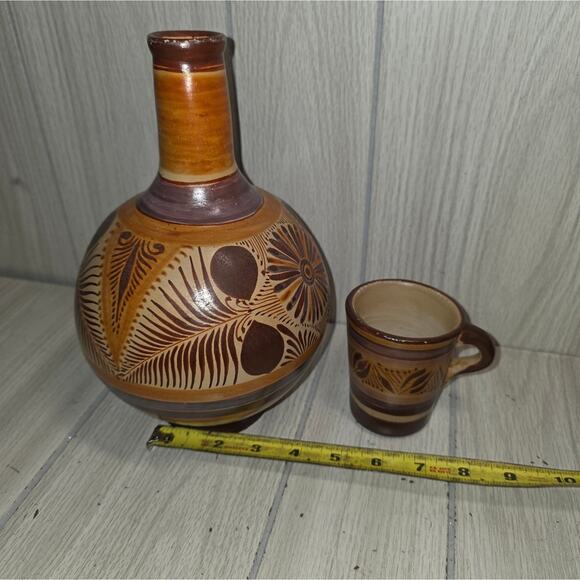 Vtg Tonala Mexican Pottery Bedside Water Pitcher W/Cup Handmade Botellon Vase - Picture 8 of 8